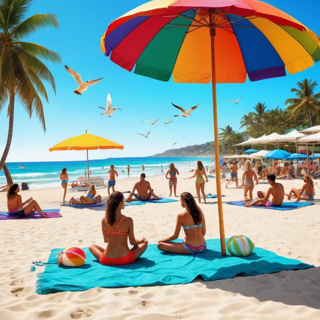 A lively beach scene showcasing diverse community members joyfully participating in various activities like beach volleyball, yoga, and a picnic, all while wearing vibrant and stylish beachwear. The background features a colorful beach umbrella, a sparkling ocean, and playful seagulls flying overhead, creating an atmosphere of happiness and connection. The overall vibe is warm and inviting, encouraging people to embrace community and outdoor fun. super-realistic. vibrant colors. tropical vibe.